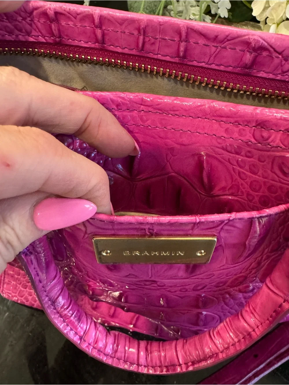 🩷🐊Brahmin Mini Asher Satchel Fuchsia Croc Embossed Leather Crossbody Pink